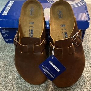 Birkenstock, brown slip on’s, the “Boston” never worn